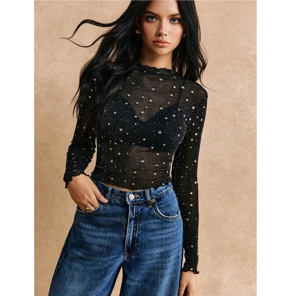 Mesh Black Sheer Long Sleeve Top Gold Stars Lettuce Trim - Picture 1 of 9